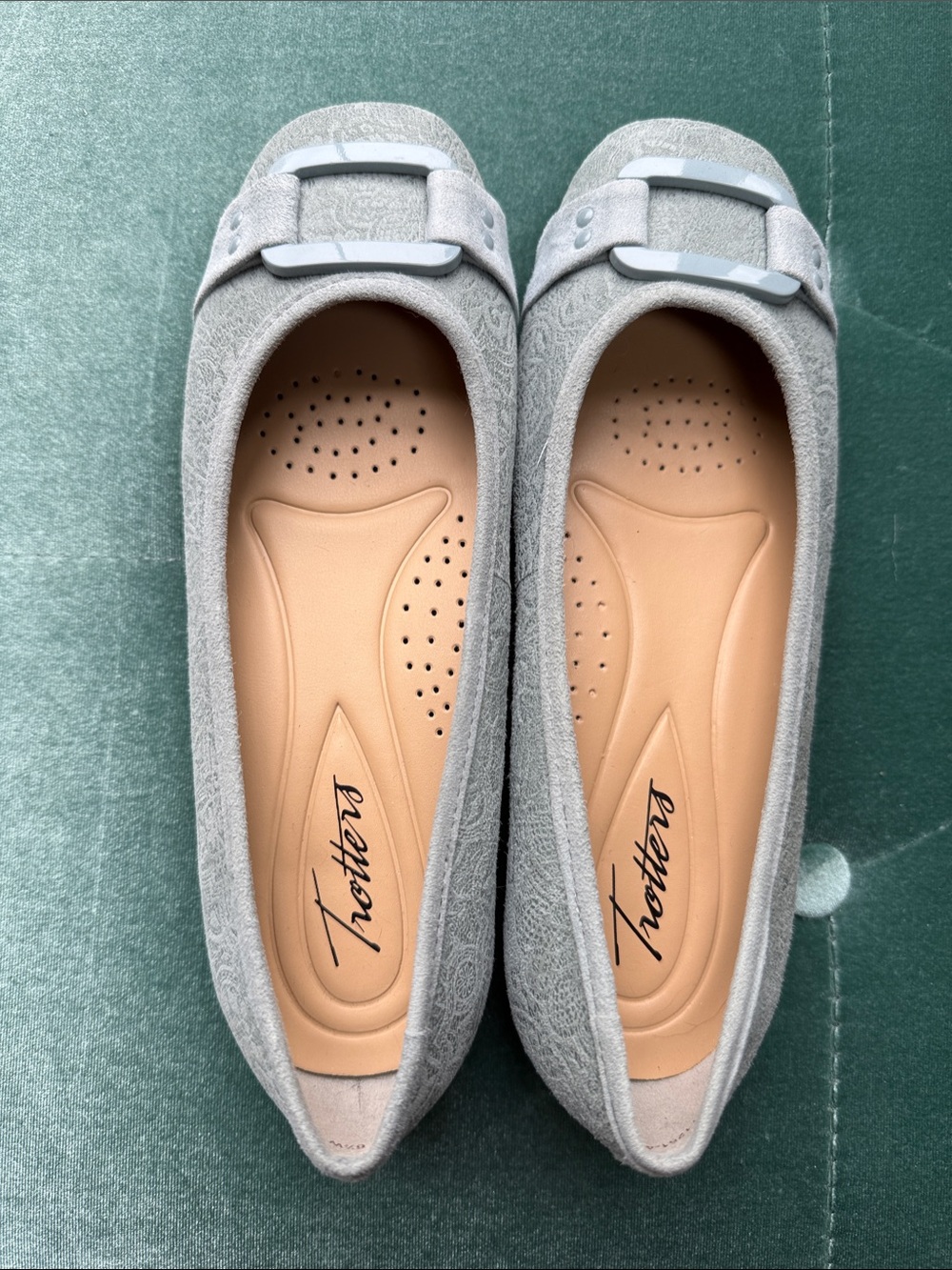 Trotters Light Gray Suede Buckle Ballet Flats